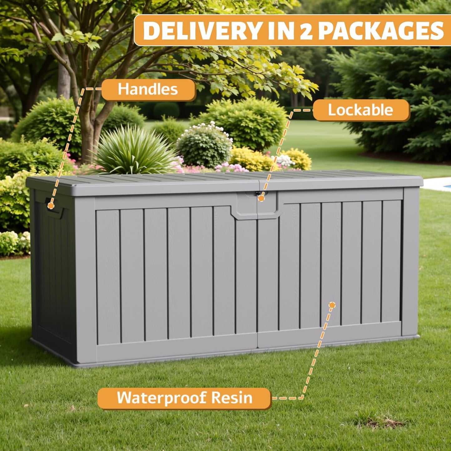 Flamaker Resin Deck Box 250 Gallon, Waterproof Imitation-Wood Lockable Storage Box with Separator