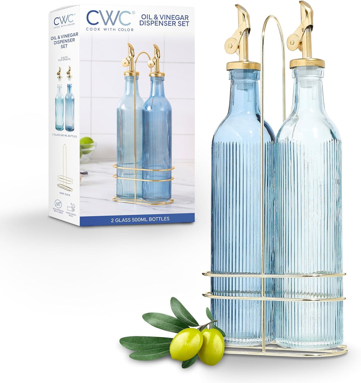 COOK WITH COLOR Glass Olive Oil Bottle Dispenser - 2 Pack- 17oz Oil and Vinegar Cruet - Olive Oil