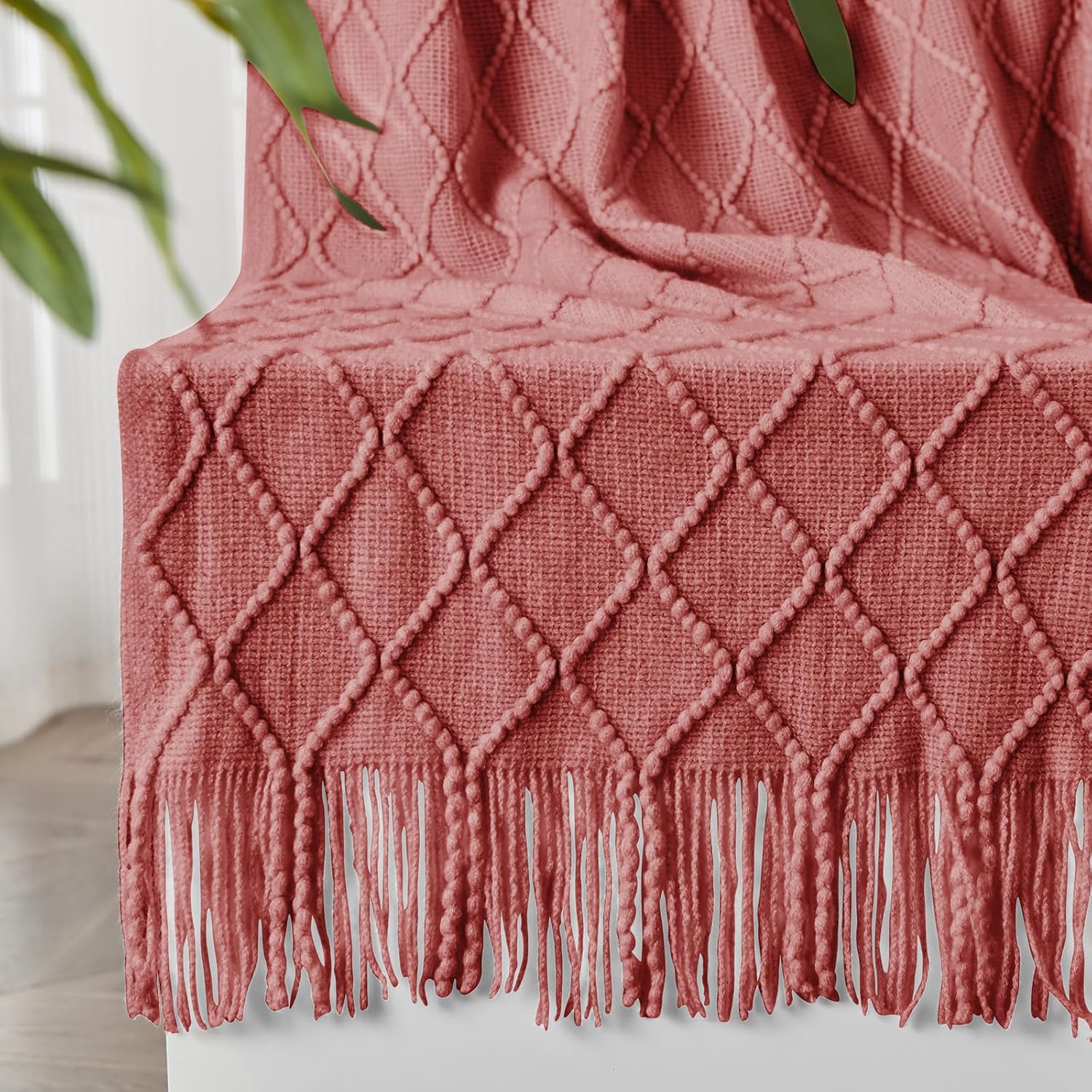InHand Knitted Throw Blanket for Couch and Bed, Soft Cozy Knit Blanket with Tassel, Coral Pink