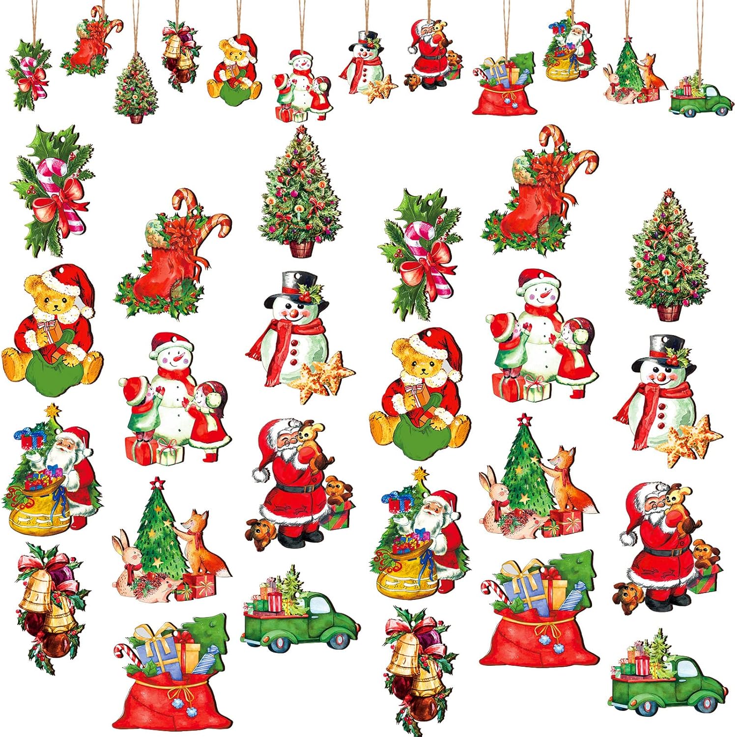 Victorian Style Wood Ornaments - 48 Pcs Christmas Decorations Hanging Santa Claus Snowman Retro