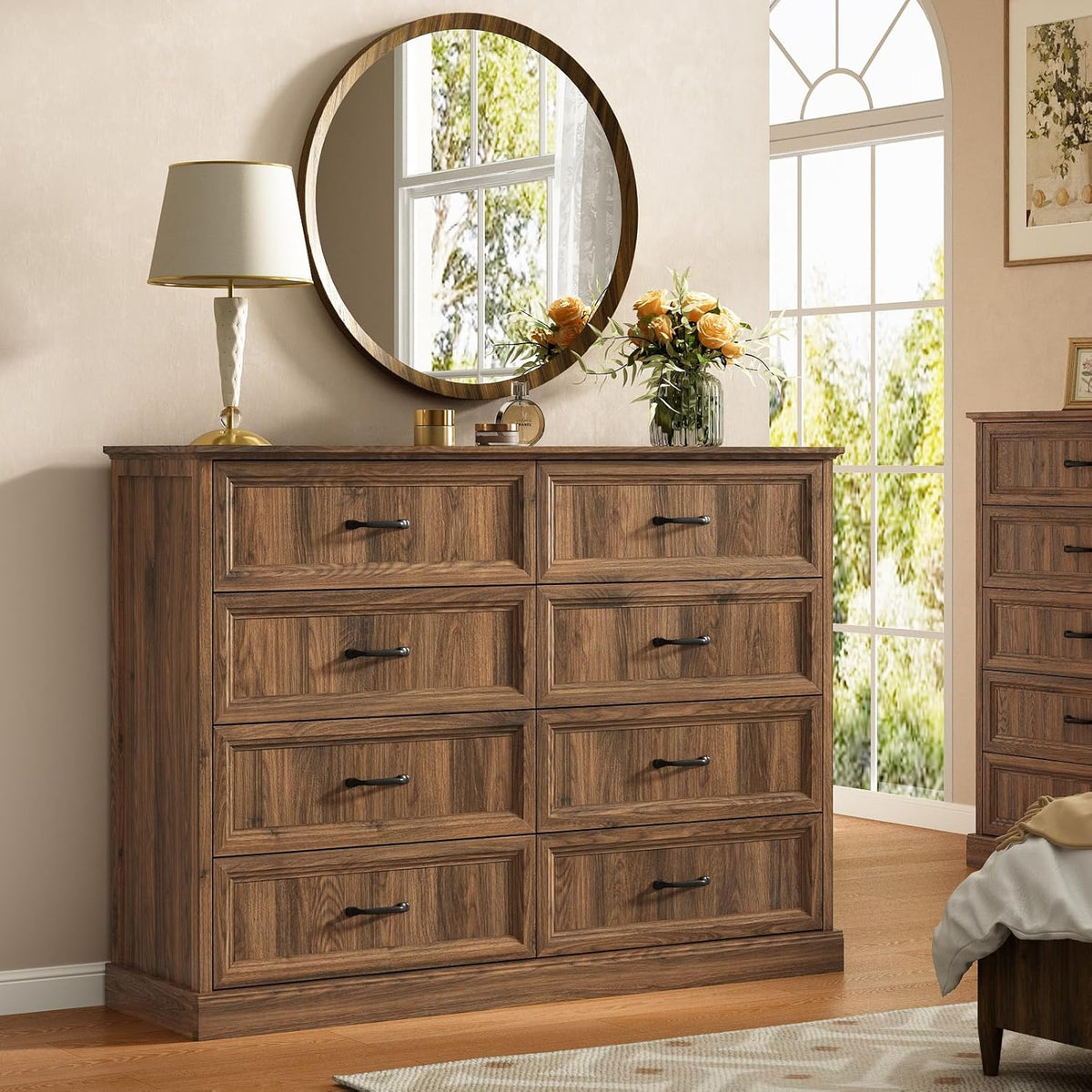 Farmhouse 8 Drawer Dresser for Bedroom, 55 Inch Wide Modern Walnut Dresser TV Stand with Large