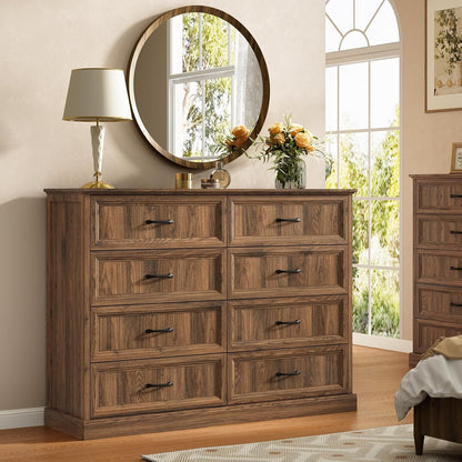Farmhouse 8 Drawer Dresser for Bedroom, 55 Inch Wide Modern Walnut Dresser TV Stand with Large