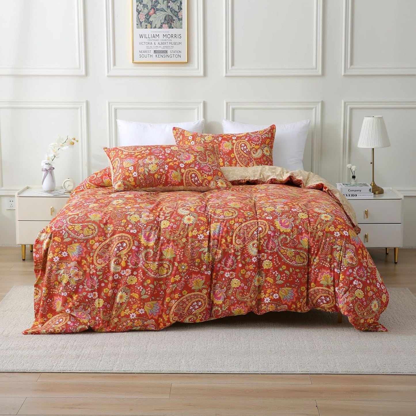 ABREEZE Paisley Bedding Sets 3Pcs Brushed Cotton Duvet Cover Set Queen Size Rustic Damask Red