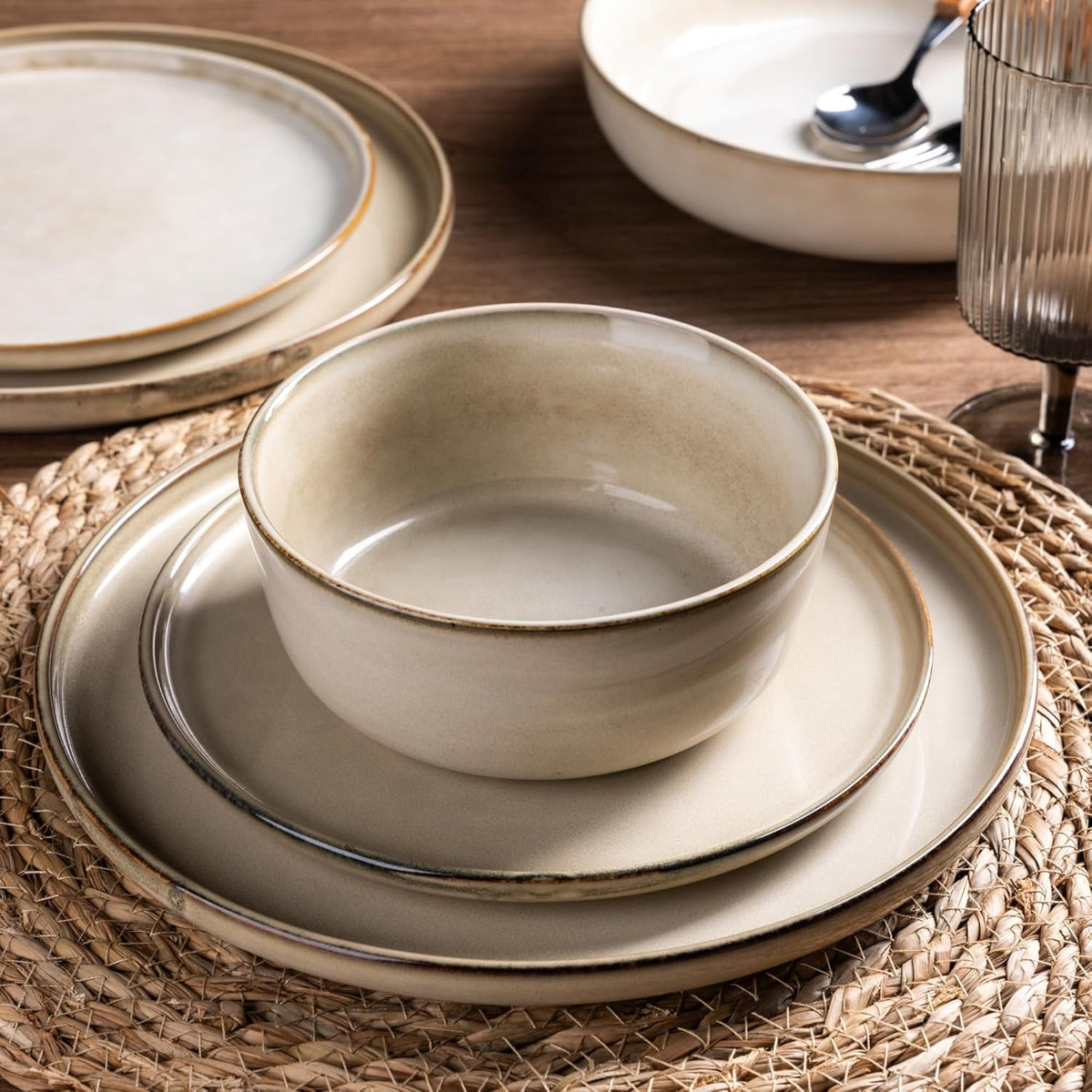 GBHOME Ceramic Dinnerware Sets for 4, 12 Pieces Stoneware Plates and Bowls Sets, Scratch Resistant