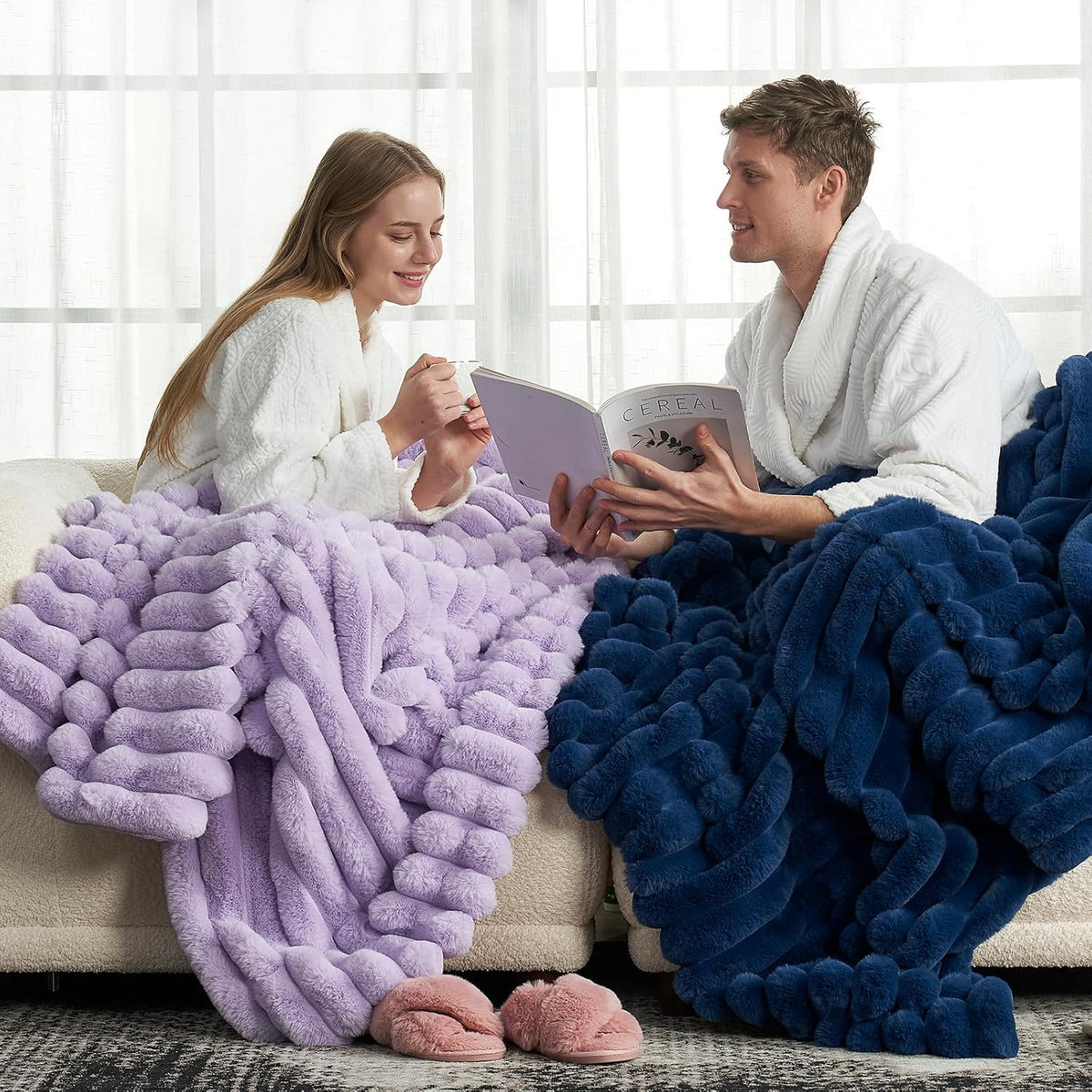 Cozy Bliss Faux Fur Throw Blanket for Couch, Cozy Warm Plush Striped Blanket for Sofa Bedroom