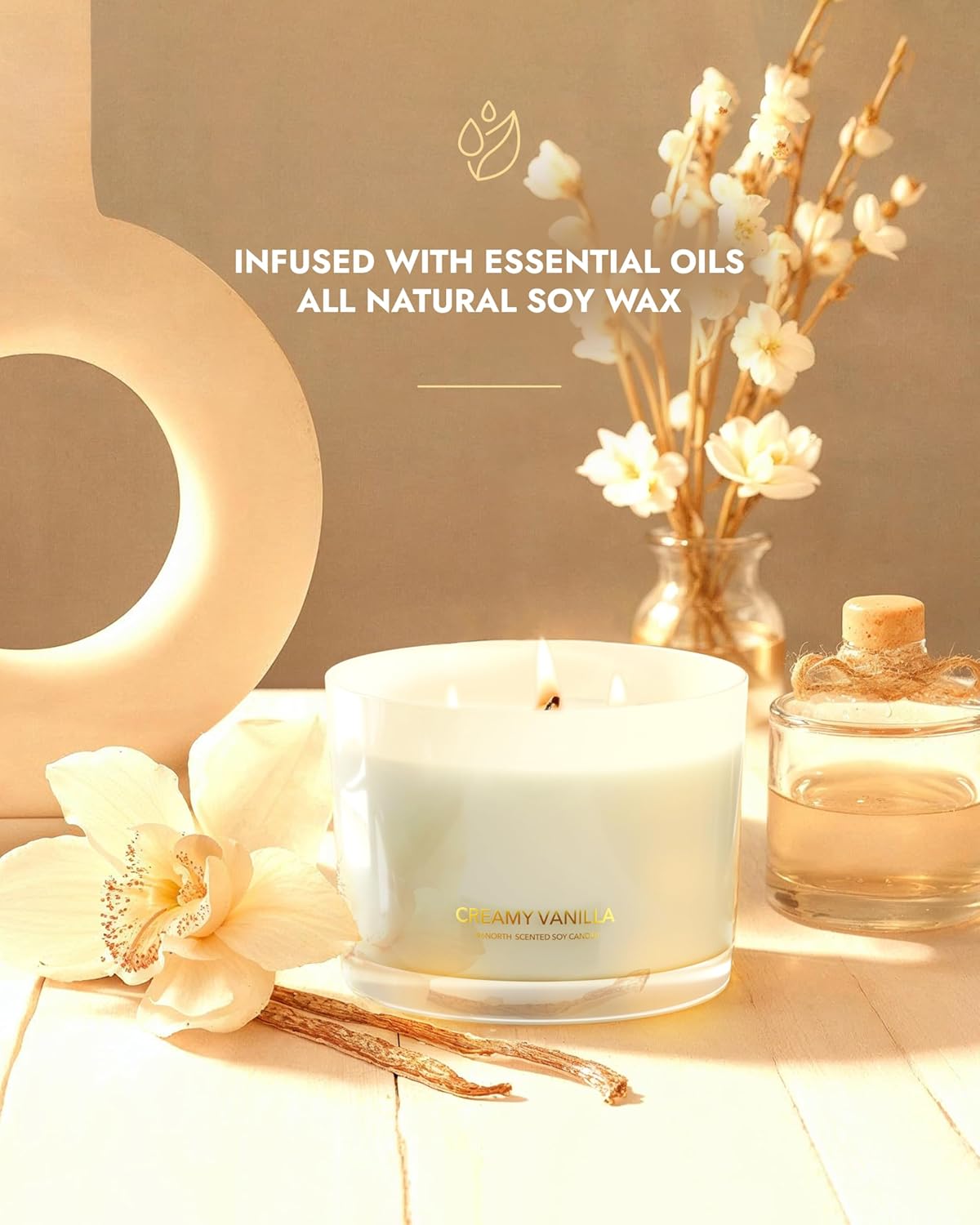 96NORTH Creamy Vanilla Scented Candles | Large 3 Wick Jar Candle | Up to 40 Hours Burning Time |