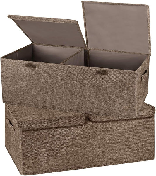 2 Pack Storage Boxes with Lids and Handles, Collapsible Linen Storage Bins Organizer Containers