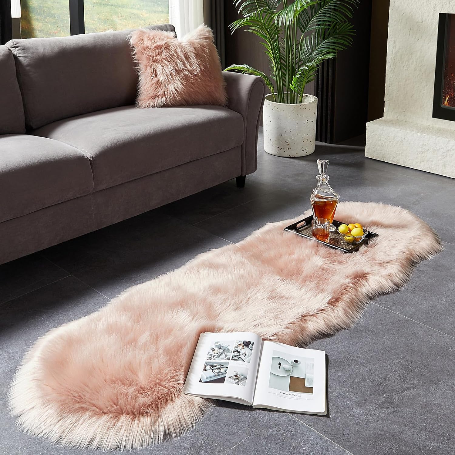 AMTOVO Faux Sheepskin Rug, Pink Ultra Soft Fluffy Shag Area Rug, 2 x 6 ft Faux Fur Rug for Bedroom