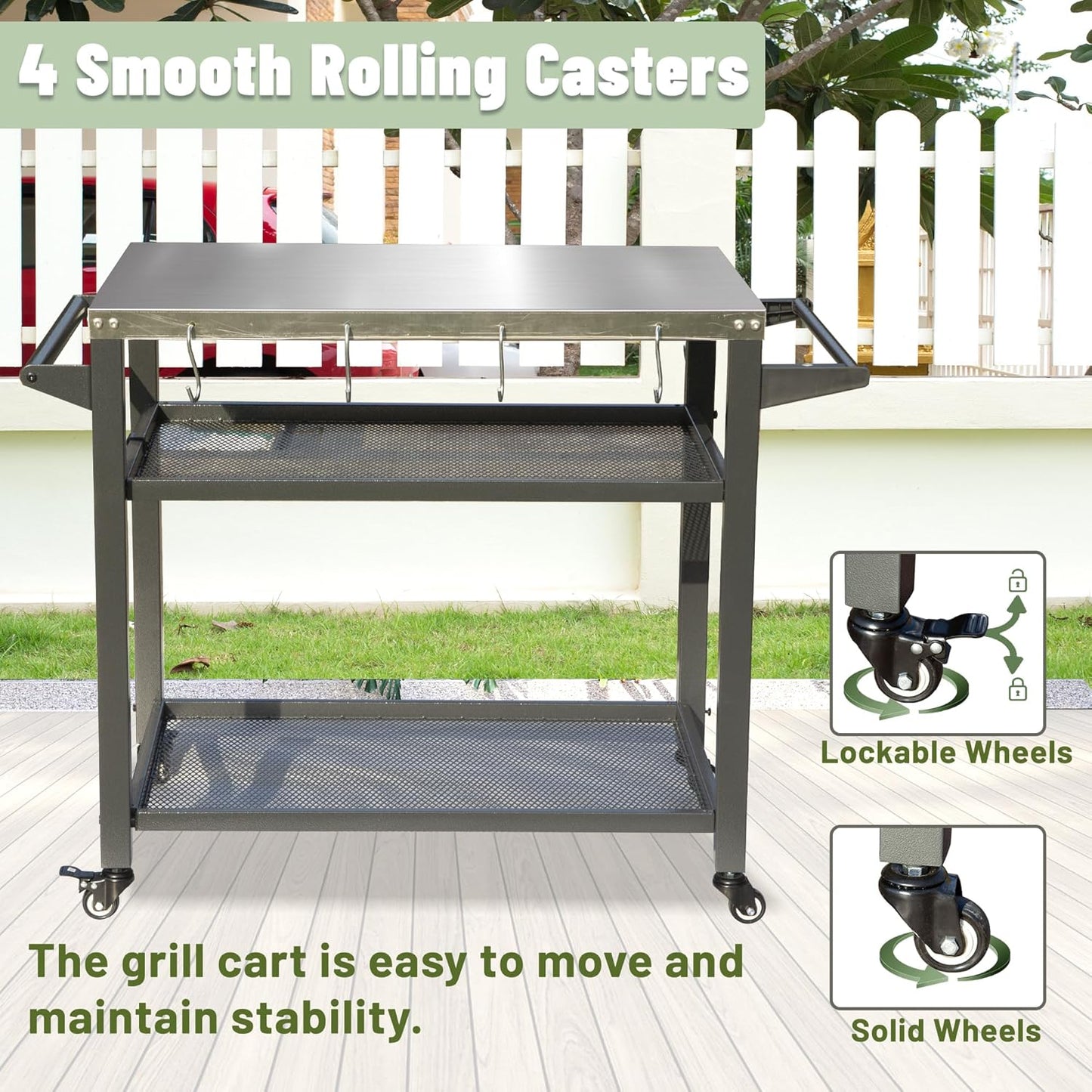 Domi 3-Shelf Outdoor Grill Table, Grill Cart with Wheels, Outdoor Pizza Oven and Food Prep Table