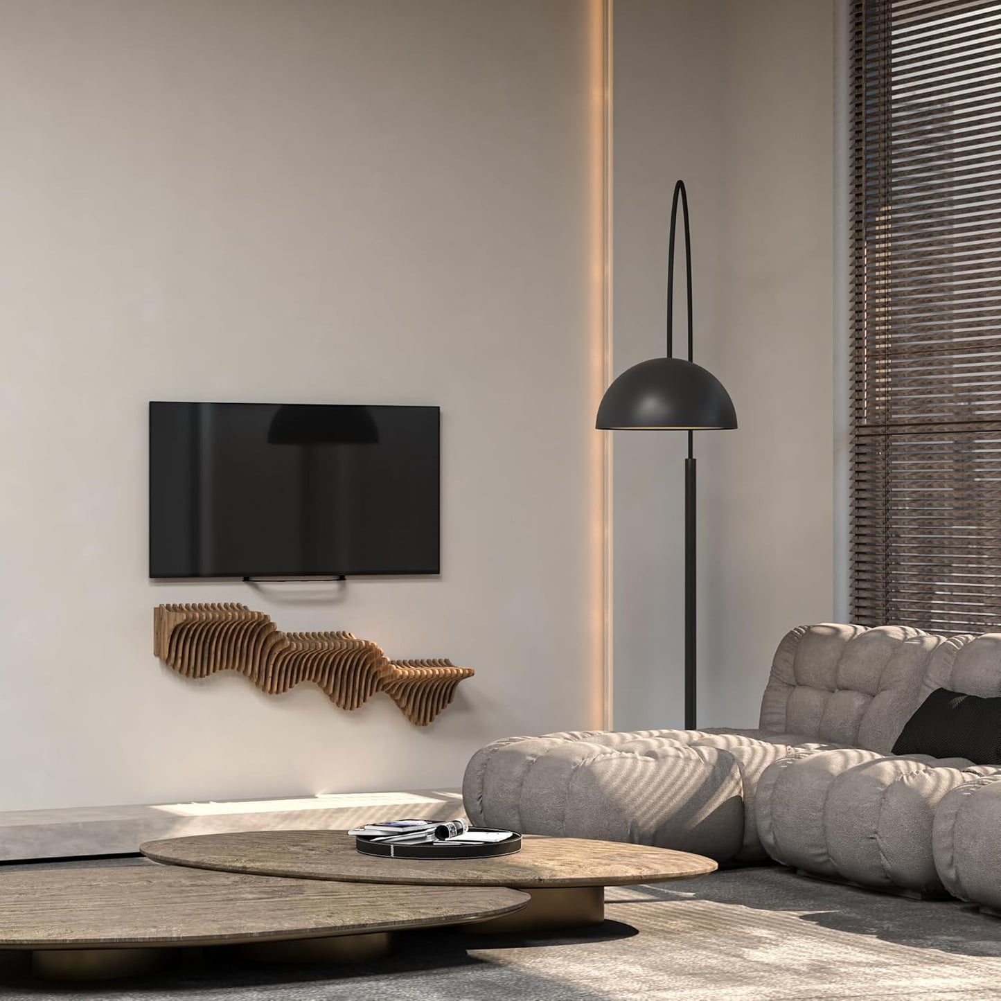 Parametric 40 inch Floating Shelf TV Unit Modern Geometric Wooden Wall Piece Decor Natural Oak