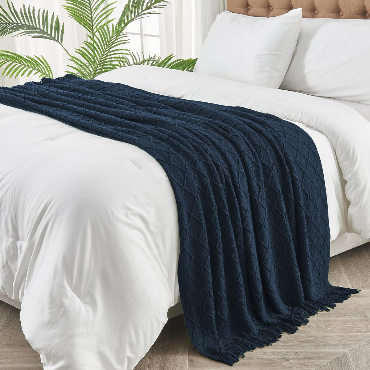 inhand Knitted Throw Blankets for Couch and Bed, Soft Cozy Knit Blanket with Tassel, Dark Blue
