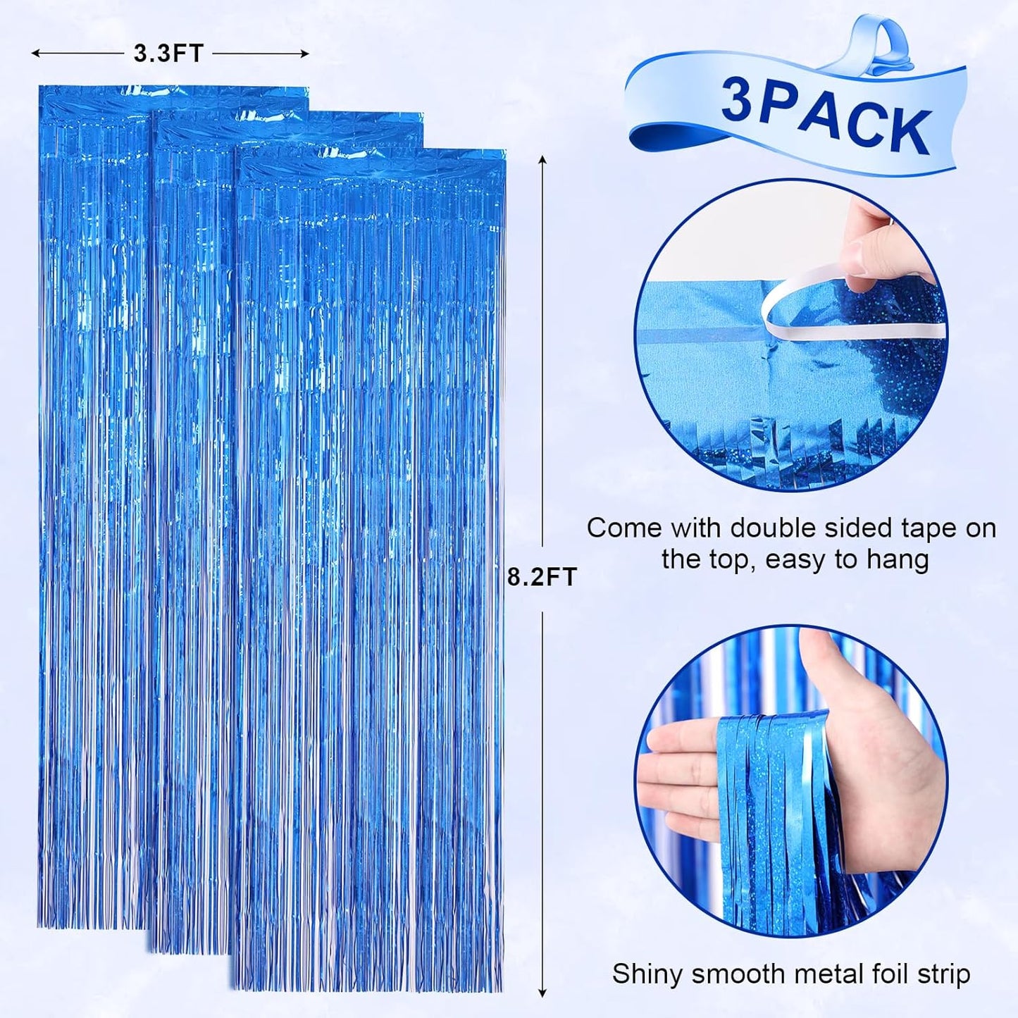 3 Pack 3.3 x 8.2 ft Laser Blue Foil Fringe Backdrop Curtains, Tinsel Streamers Birthday Party