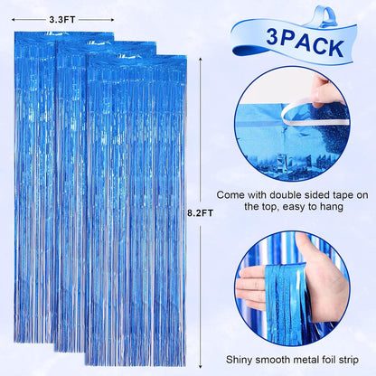 3 Pack 3.3 x 8.2 ft Laser Blue Foil Fringe Backdrop Curtains, Tinsel Streamers Birthday Party