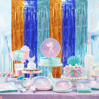 3 Pack 3.3 x 8.2 ft Blue Orange Foil Fringe Backdrop Curtains, Tinsel Streamers Party Decorations