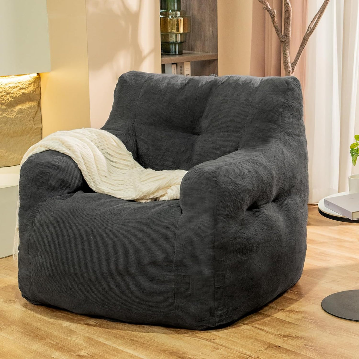 Bean Bag Chairs for Adults Ergonomic Support Reading Floor Sofa Chair with Filler Spacious (Grey)