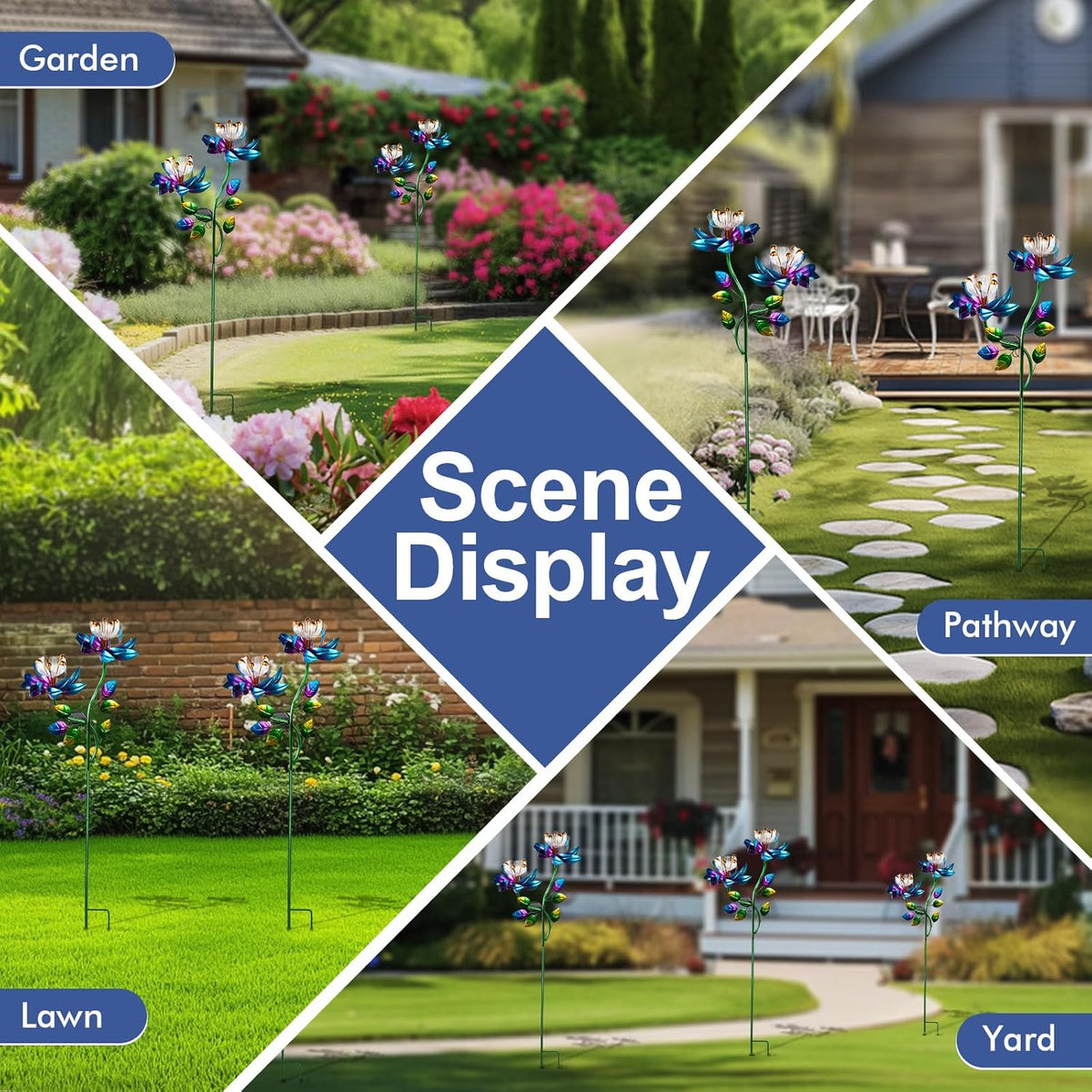 Solar Wind Spinners Blue Twin Flowers for Yard and Garden, Solar Windmill Garden Whirligig Kinetic