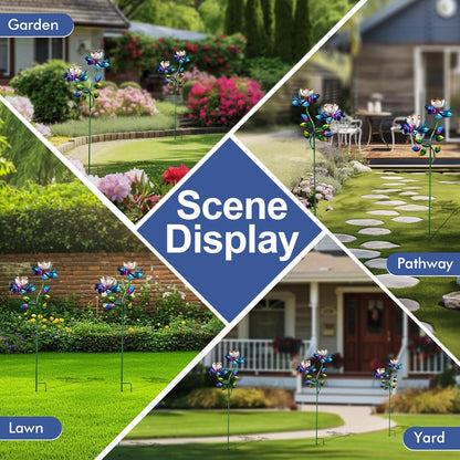 Solar Wind Spinners Blue Twin Flowers for Yard and Garden, Solar Windmill Garden Whirligig Kinetic