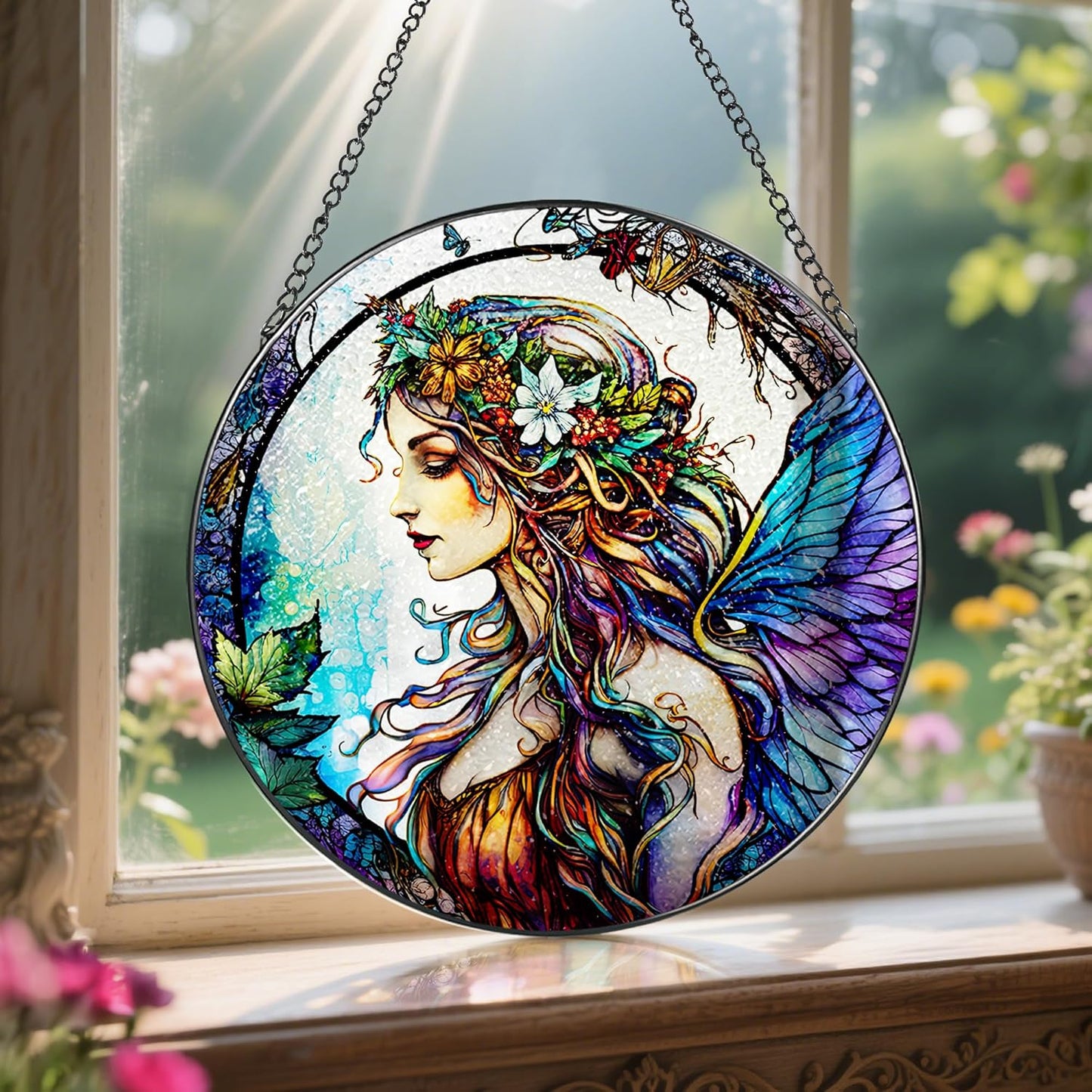 Stained Glass Window Hanging, LAOWEIKI 8'' Fairy Suncatcher, Stained Glass Ornament, Suncatchers