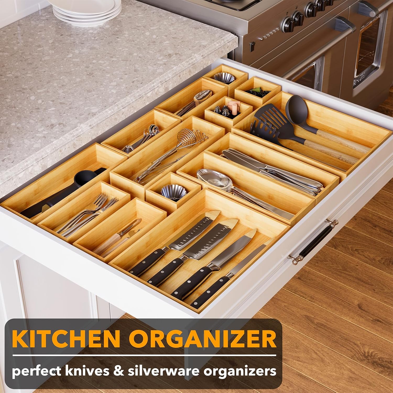 SpaceAid 14-Piece Bamboo Drawer Organizer Storage Boxes Set, Wood Tray Junk Drawer Organizers