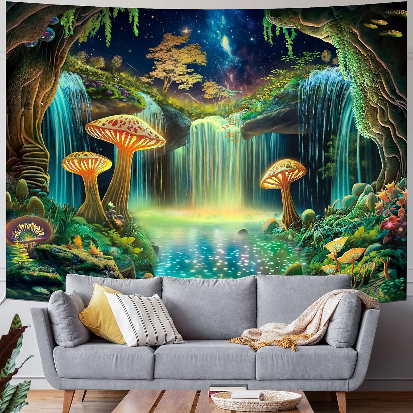 Ameyahud Blacklight Fantasy Forest Tapestry UV Reactive Waterfall Tapestries Starry Sky Tapestry