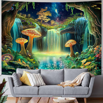Ameyahud Blacklight Fantasy Forest Tapestry UV Reactive Waterfall Tapestries Starry Sky Tapestry