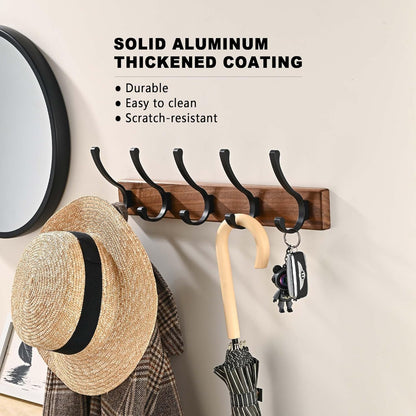 2 Pack 17.3" Small Wooden Coat Rack Wall Mounted with 5 Hooks, Entryway Wall Hooks Coat Hanger for