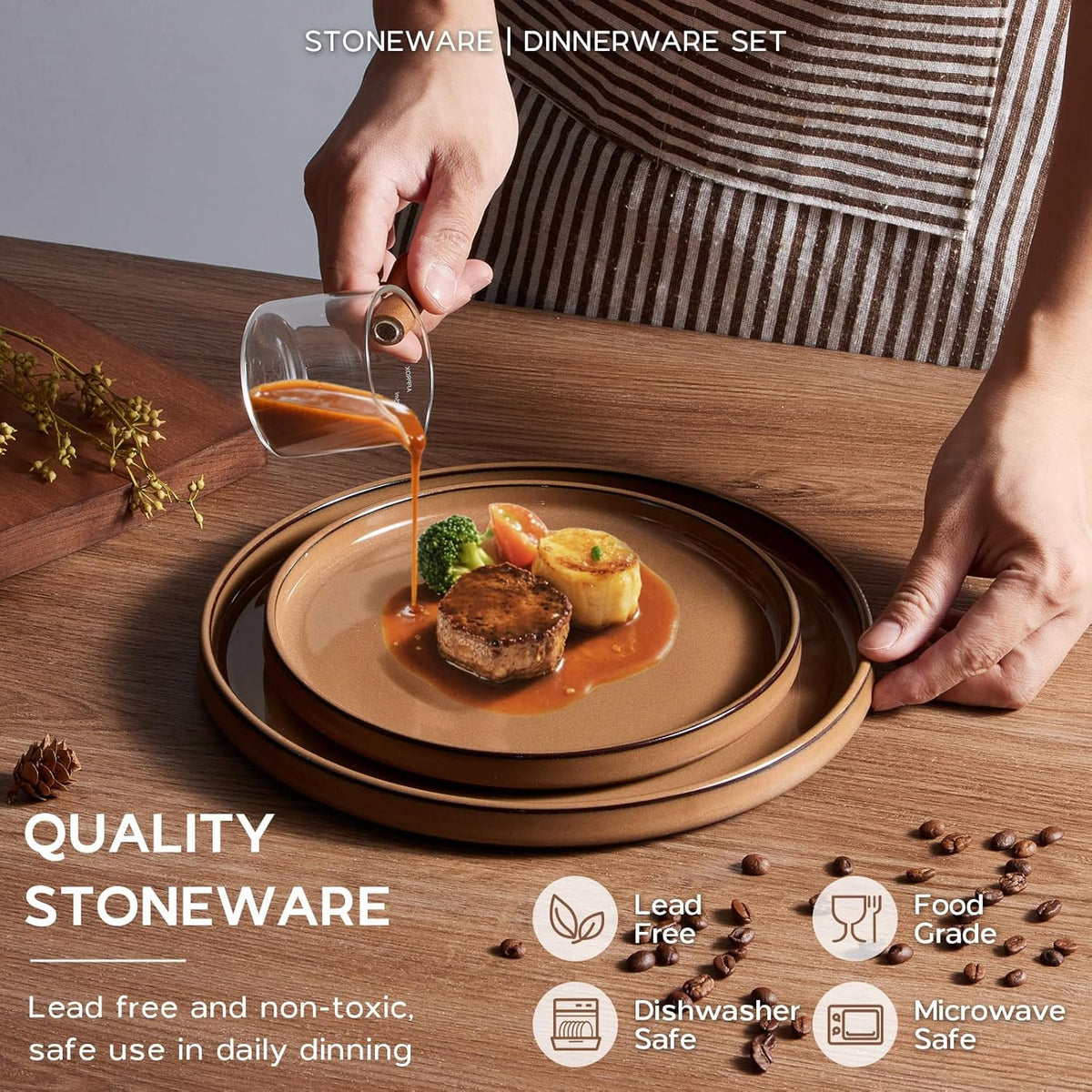 Onader Stoneware Dinnerware Sets for 4, Plates and Bowls with Unglazed Terracotta Bottom, Elegant