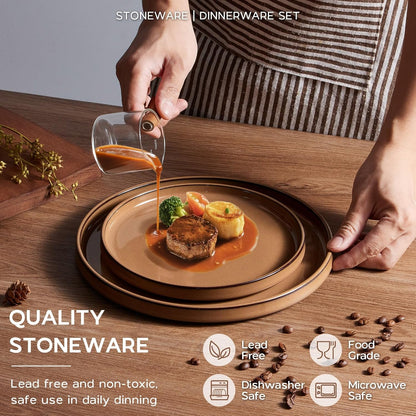 Onader Stoneware Dinnerware Sets for 4, Plates and Bowls with Unglazed Terracotta Bottom, Elegant