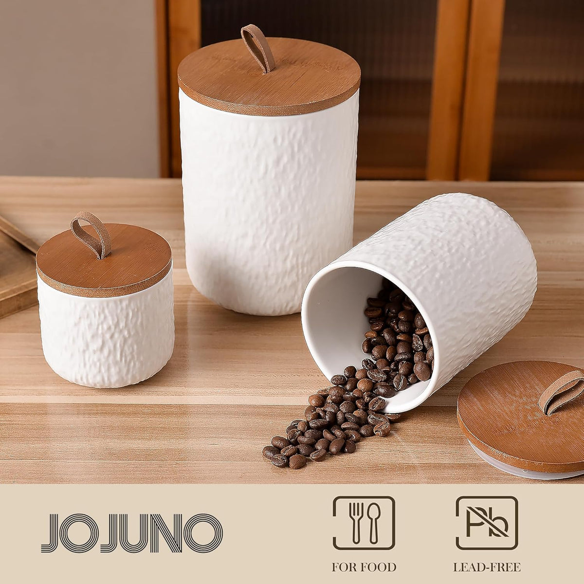 JOJUNO White Ceramic Canister Set with Wooden Lid, 3-Piece Airtight Food Storage Jars for Kitchen