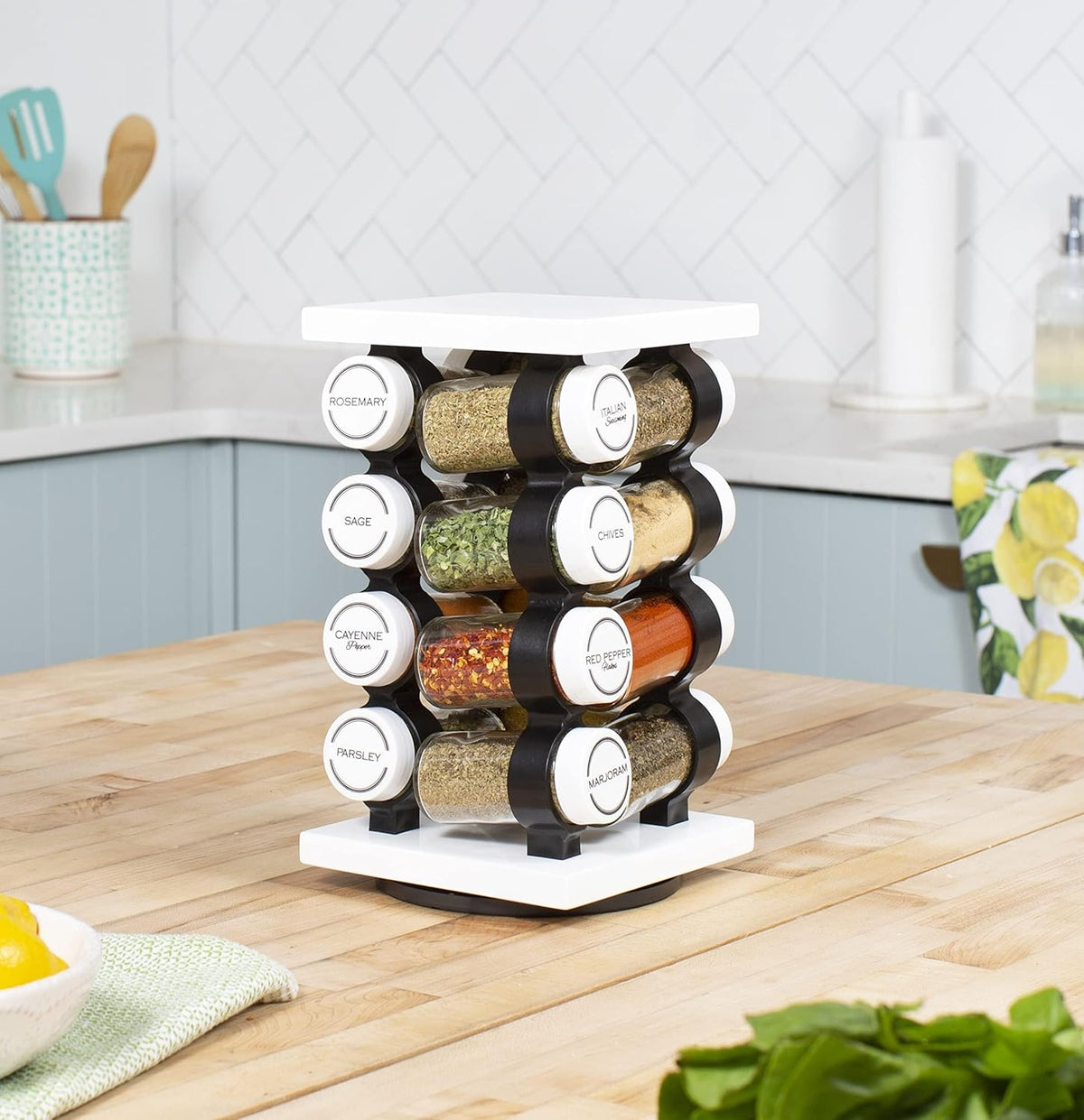Orii Spice Rack 16 Jar Set White Filled with Spices - Rotating Standing Rack Shelf Holder &