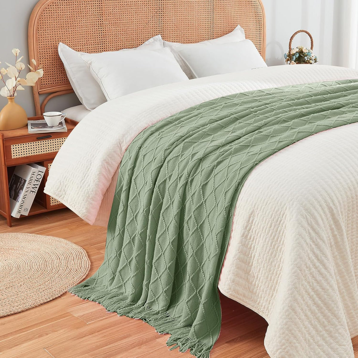 inhand Sage Green Throw Blanket for Couch, Soft Living Room Home Decor Knitted Twin Size Blanket