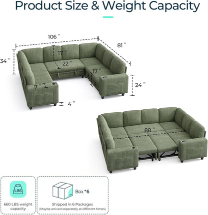 LINSY HOME Sectional Sleeper Sofa with Pull Out Couch Bed - Convertible Plush Corduroy Cloud Couch