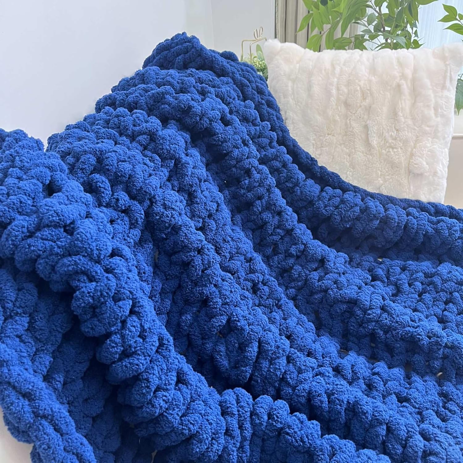 Chunky Knit Blanket Throw 40"x40", Chenille Throw Blankets, Handmade Warm & Cozy Blanket Couch Bed