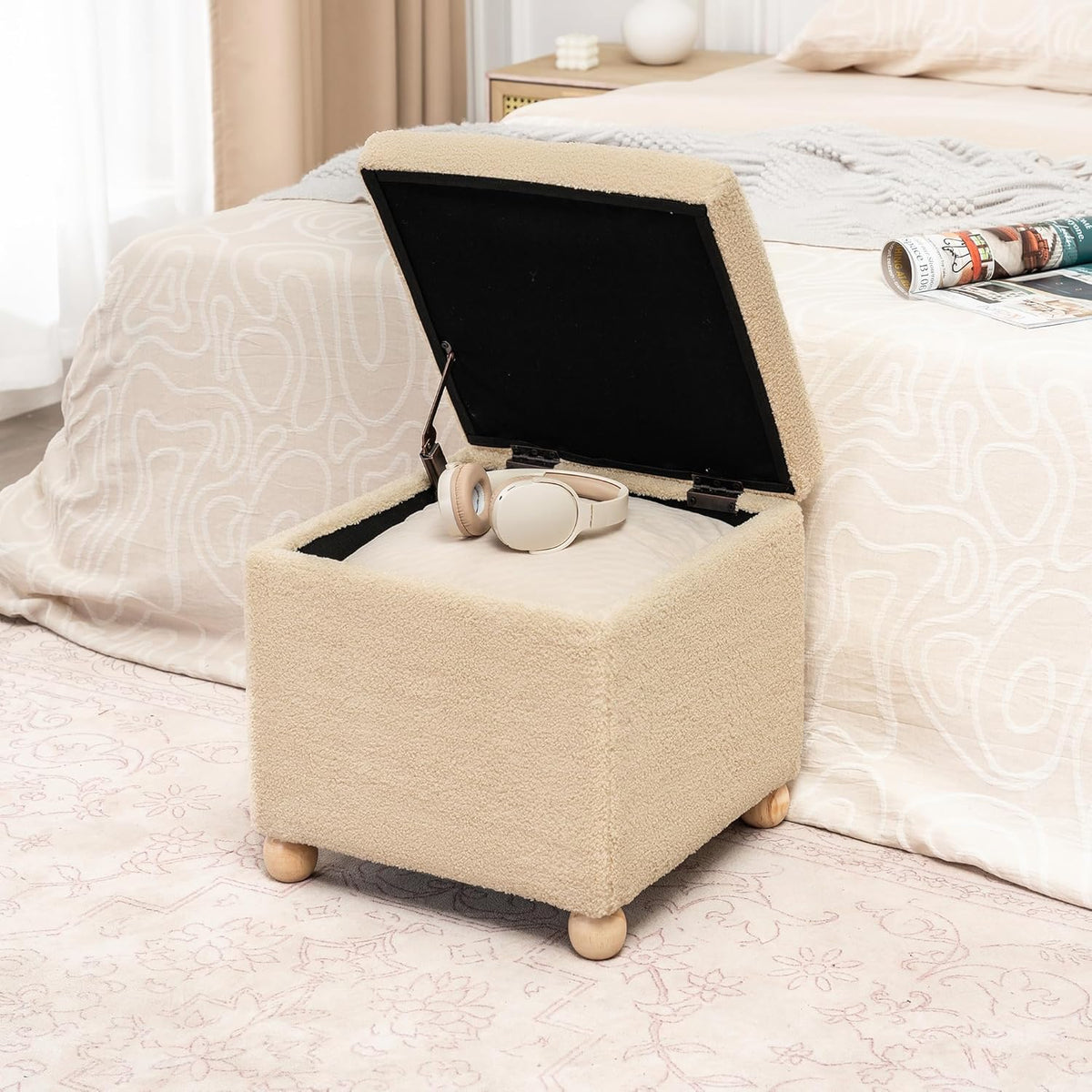 Adeco 17 Inch Soft Oatmeal Cube Ottoman Storage, Teddy Velvet Chair Foot Stools, Upholstered Vanity