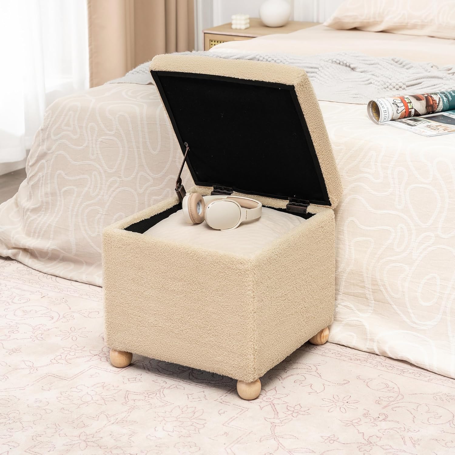 Adeco 17 Inch Soft Oatmeal Cube Ottoman Storage, Teddy Velvet Chair Foot Stools, Upholstered Vanity
