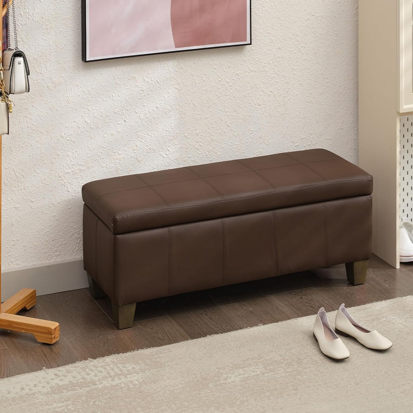Brown Faux Leather Ottoman with Storage, Rectangular Extra Long Storage Bench for Bedroom and