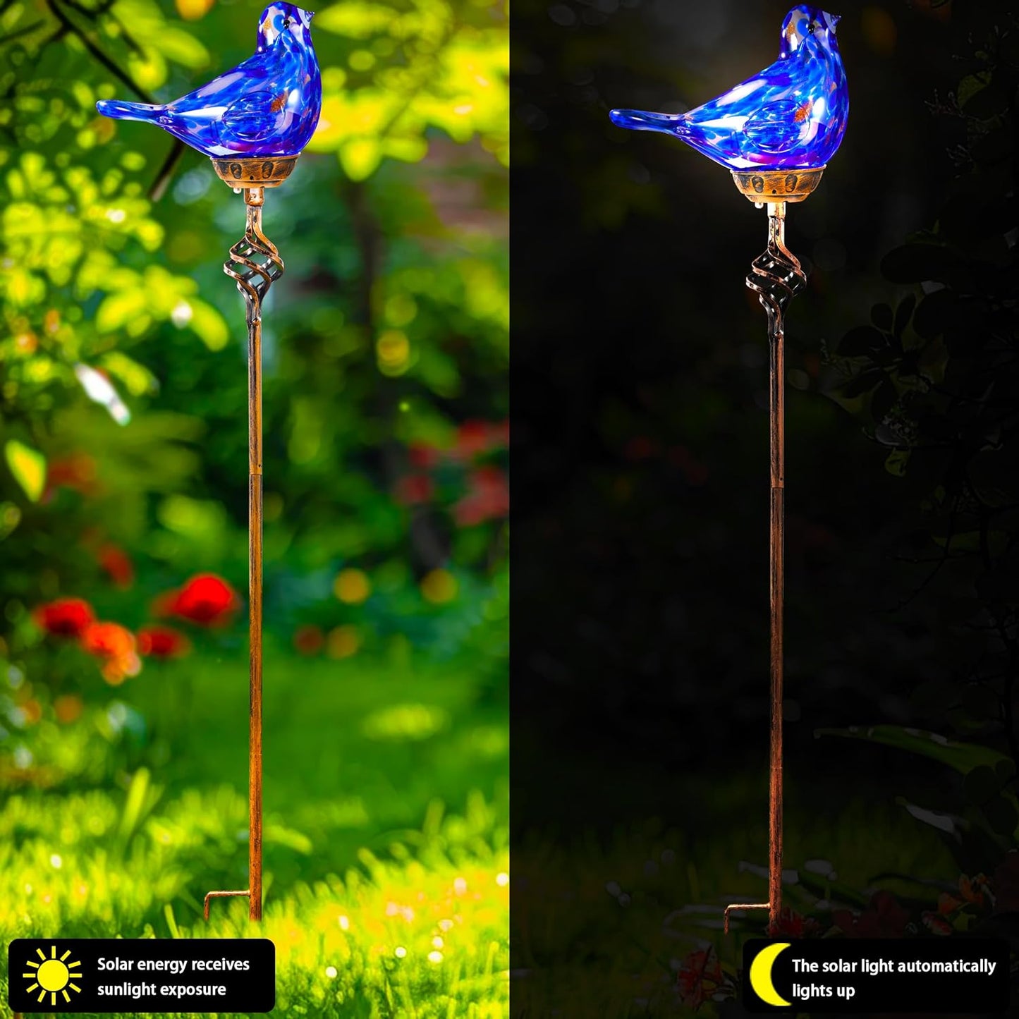 Decorative Solar Lights, Outdoor Solar Bird Stake Lights, Hand Blown Glass Decorative Garden