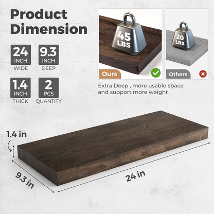 RICHFOCUS Elm Floating Shelves for Wall - 24" W x 9.3" D Rustic Solid Wood Shelves with Invisible