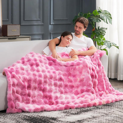 Cozy Bliss Faux Fur Throw Blanket for Couch, Fuzzy Soft Plush Thick Bubble Blanket for Sofa Bedroom