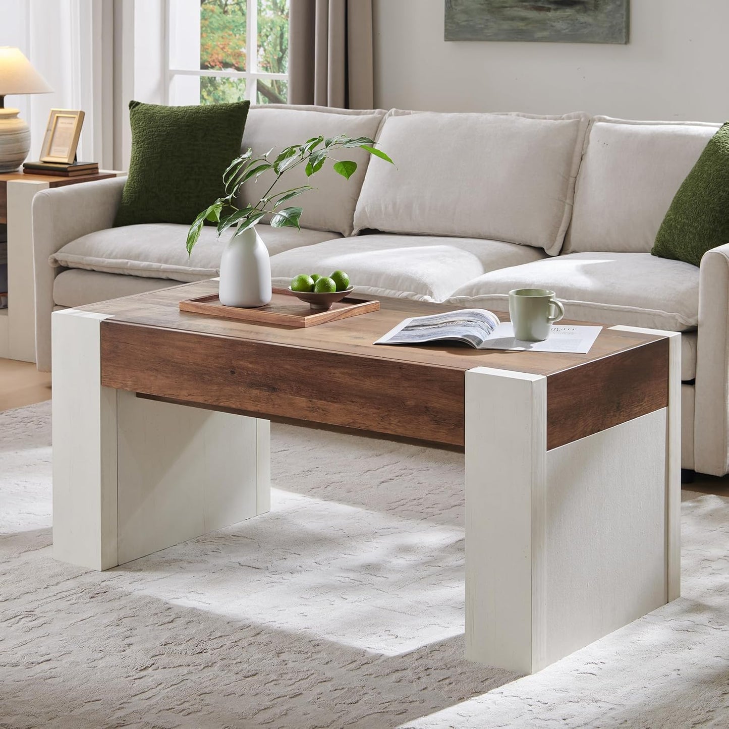 OKD 48" Modern Farmhouse Coffee Table, Wooden Living Room Table with Hidden Storage Drawer, Rustic