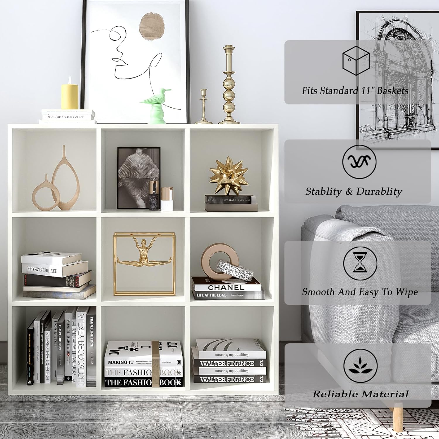 9-Cube Storage Shelf Bookcase - Wooden 3-Tier Floor Standing Open Bookshelf for Home and Office