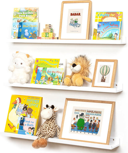Picture Ledge Shelf for Wall, 36 inches Solid Pine Wood Nursery Book Shelves 3 Packs, Floating