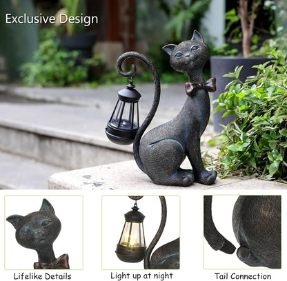 Whimsical Outdoor Cat Statues with Solar Garden Lantern:Cat Garden Statues for Outside Fall Decor