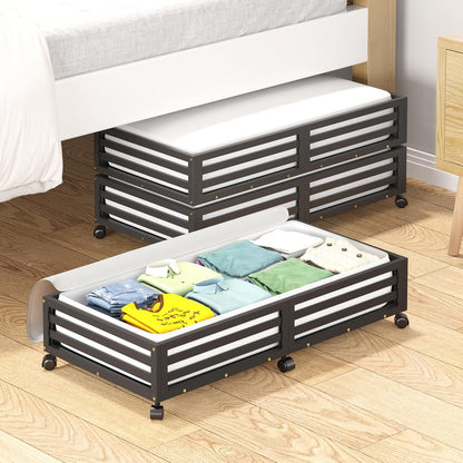 Bamboo Under Bed Storage Containers- Underbed Organizer with Wheels with Large Dust Bag,Sturdy Wood
