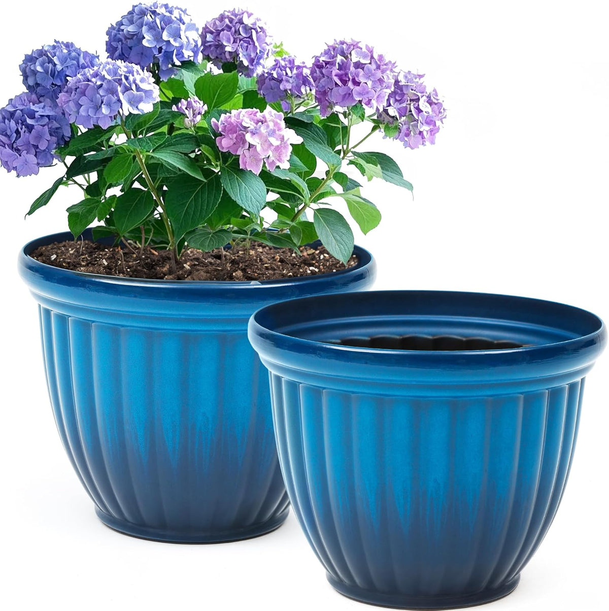 15" H Large Flower Pots, Set of 2 Plastic Planters for Outdoor Plants with Gradient Blue Finish and