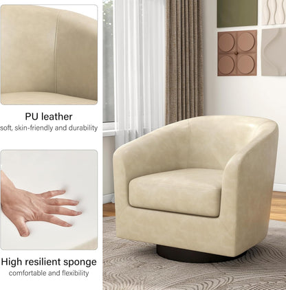 Swivel Barrel Accent Chair, Modern Round Faux Leather Arm Chair for Living Room, Bedroom, Comfy