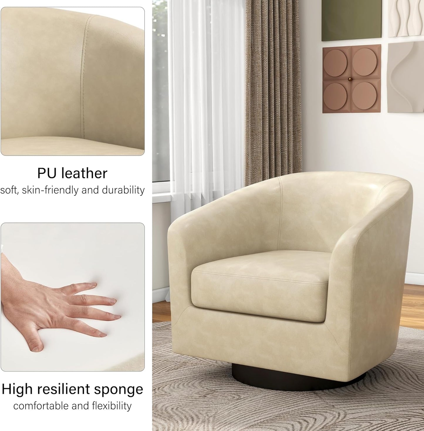 Swivel Barrel Accent Chair, Modern Round Faux Leather Arm Chair for Living Room, Bedroom, Comfy