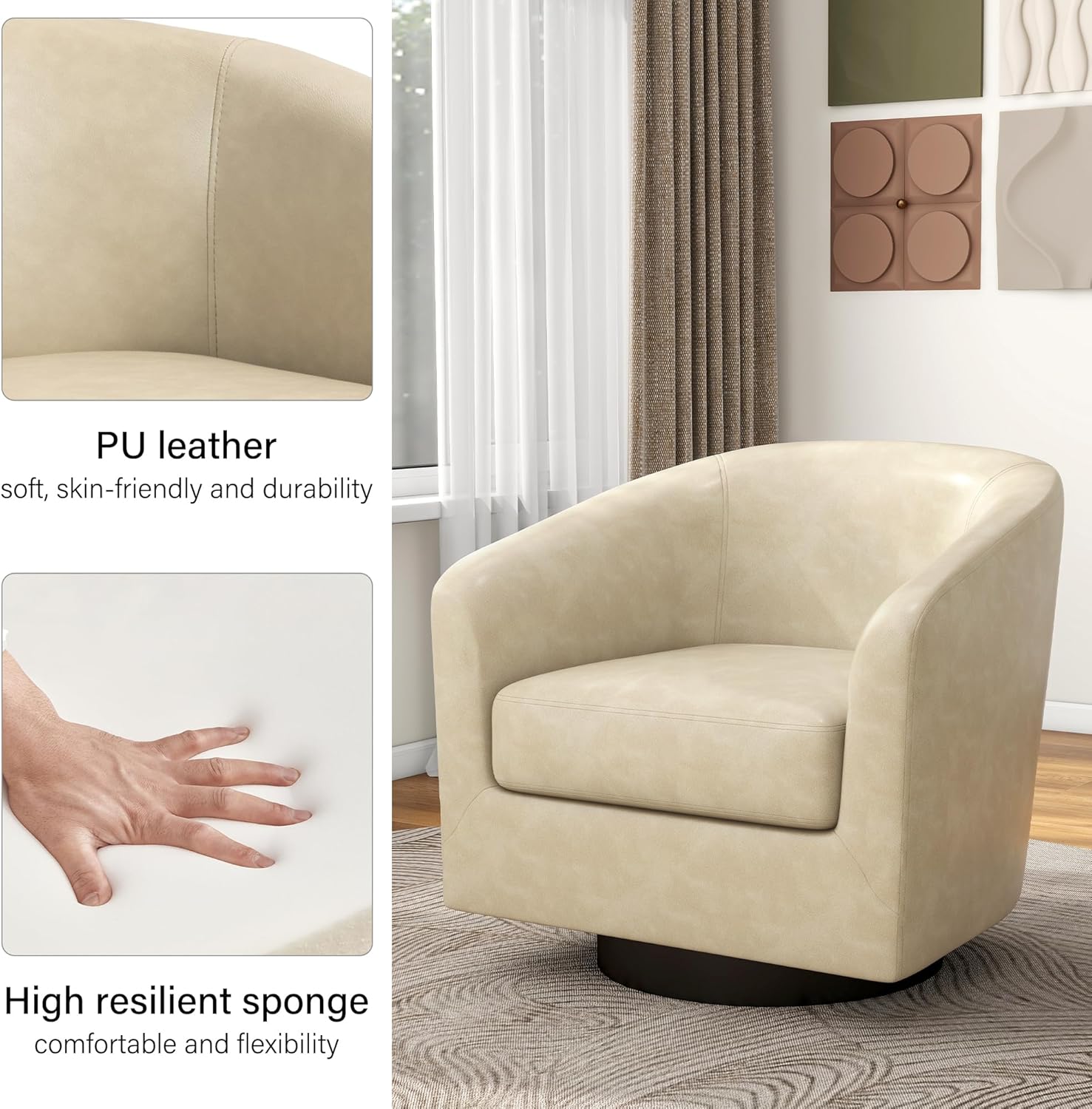 Swivel Barrel Accent Chair, Modern Round Faux Leather Arm Chair for Living Room, Bedroom, Comfy