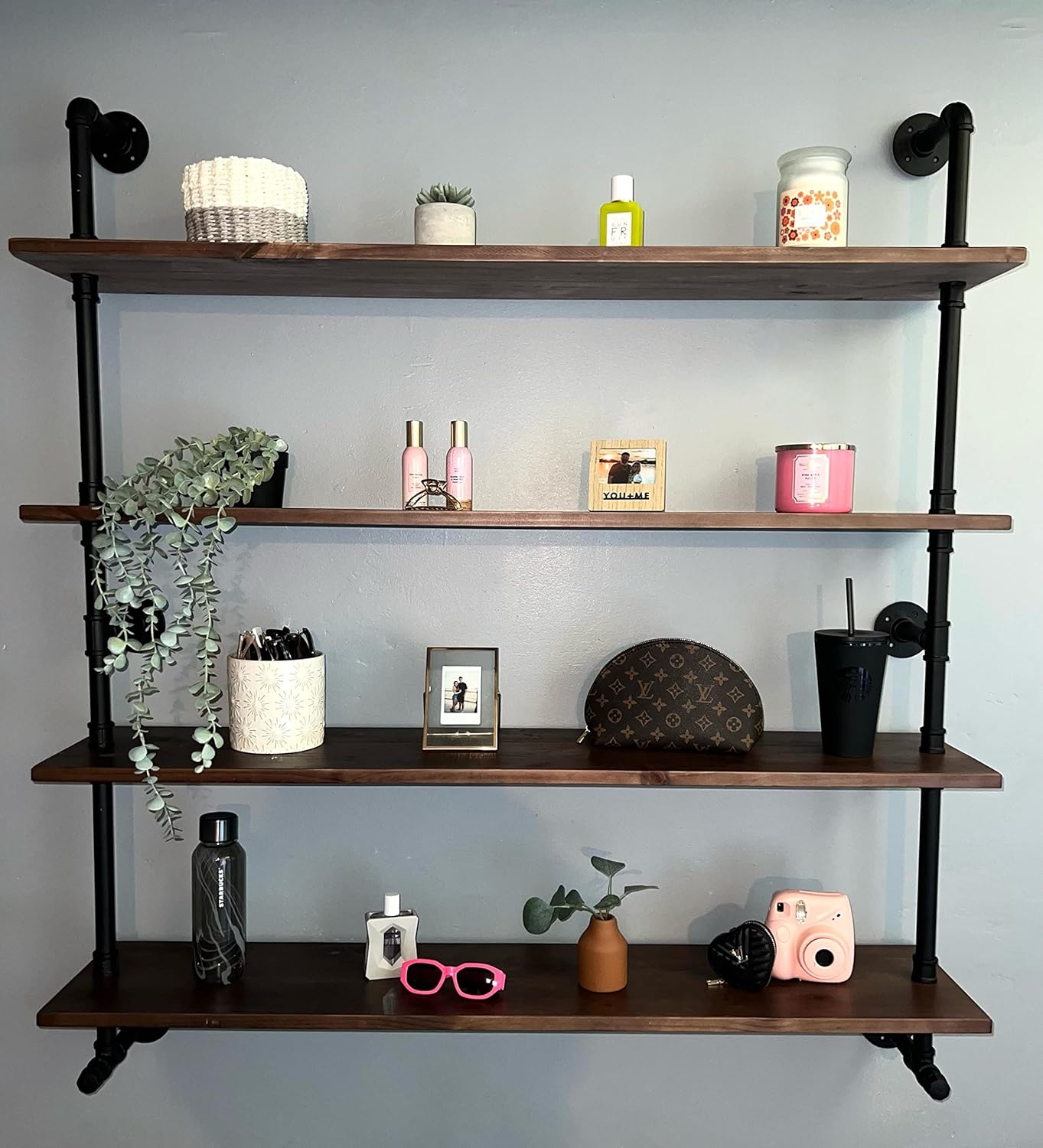 Industrial Pipe Wall Shelves With Real Wood Plank, 48 Inches Floating Shelves for Wall, 4 Tier