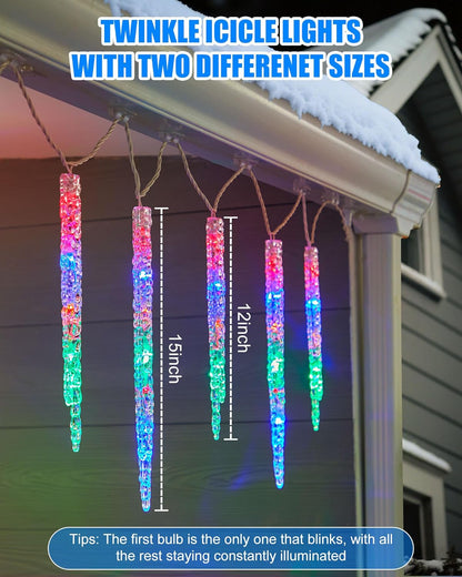 Minetom Icicle Lights Outdoor with Clips, 20ft 100 LED 20 Tubes Twinkling Crystal Icicle String